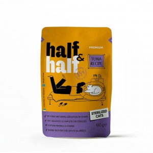 Корм вологий Half&Half для стерилізованих котів, шматочки з тунцем у соусі у формі пауча, 100 г Корм вологий Half&Half для стерилізованих котів, шматочки з тунцем у соусі у формі пауча, 100 г