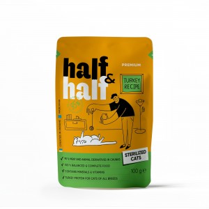 Корм вологий Half&Half для стерилізованих котів, шматочки з індичкою в желе у формі пауча, 100 г Корм вологий Half&Half для стерилізованих котів, шматочки з індичкою в желе у формі пауча, 100 г