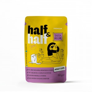 Корм вологий Half&Half для дорослих котів, шматочки з качкою у соусі у формі пауча, 100 г Корм вологий Half&Half для дорослих котів, шматочки з качкою у соусі у формі пауча, 100 г