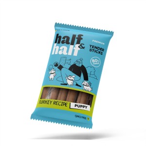 Ласощі для цуценят Half&Half у формі м'ясних паличок з індичкою, 100 г Ласощі для цуценят Half&Half у формі м'ясних паличок з індичкою, 100 г