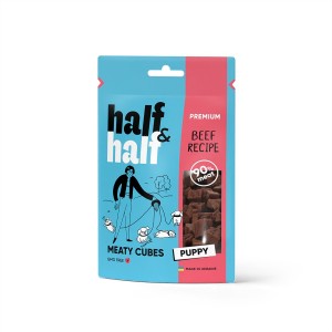 Ласощі для цуценят Half&Half у формі м'ясних кубиків з яловичиною, 100 г Ласощі для цуценят Half&Half у формі м'ясних кубиків з яловичиною, 100 г