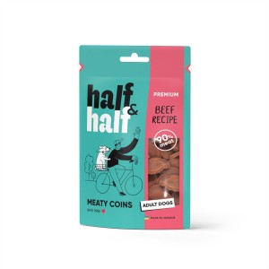 Ласощі для собак Half&Half у формі м'ясних монеток з яловичиною, 100 г Ласощі для собак Half&Half у формі м'ясних монеток з яловичиною, 100 г