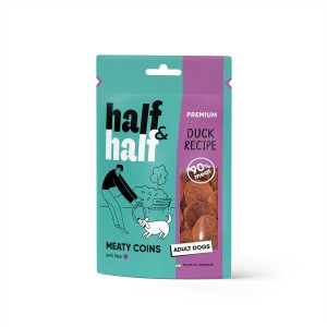 Ласощі для собак Half&Half у формі м'ясних монеток з качкою, 100 г Ласощі для собак Half&Half у формі м'ясних монеток з качкою, 100 г