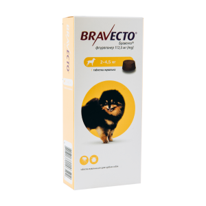 Bravecto таблетка від бліх и кліщів для собак та цуценят 2-4.5 кг, 112.5 мг Bravecto таблетка від бліх и кліщів для собак та цуценят 2-4.5 кг, 112.5 мг