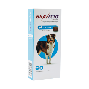 Bravecto таблетка від бліх и кліщів для собак та цуценят 20-40 кг, 1000 мг Bravecto таблетка від бліх и кліщів для собак та цуценят 20-40 кг, 1000 мг