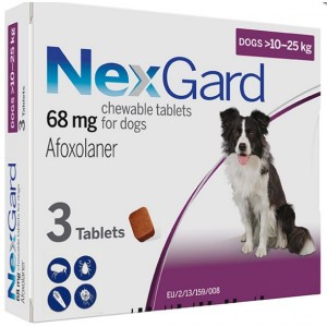 Жувальні таблетки від бліх і кліщів для собак вагою 10-25кг NexGard НЕКСГАРД 68 мг 3 таблетки